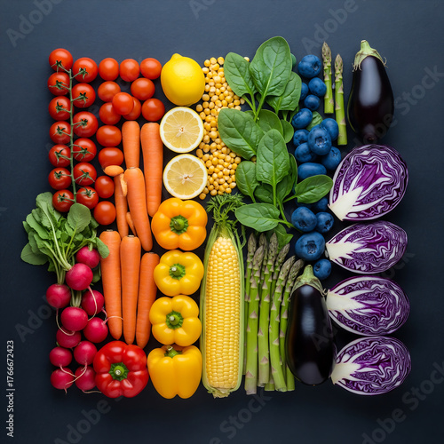 Overhead flat lay of fresh vegetables and fruits arranged in a rainbow gradient, eat the rainbow concept