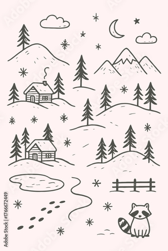 Minimal Snowy Landscape Doodle Vector Set | Hand-Drawn Winter Nature Line Illustrations