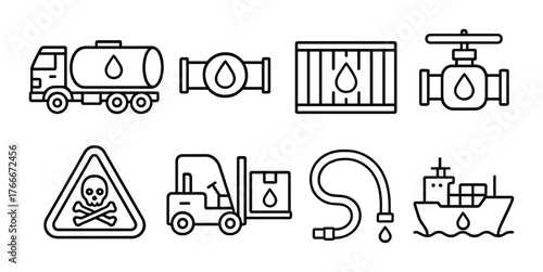 Oil and gas industry icons: transportation, safety, equipment, pipeline, shipping