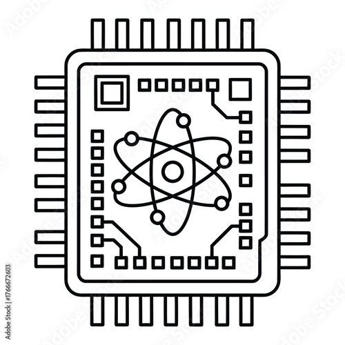 Quantum processor chip with atom symbol isolated on white background
