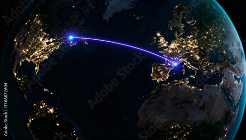 Global Communication Line Connecting North America and Europe at Night