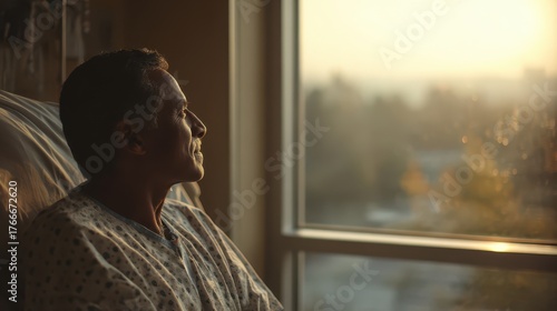 Hospital Patient Looking Out Window. Asian Male Patient Watching Outside