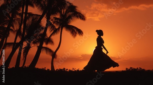 Hula Silhouette. Sunset Dance on Maui: Traditional Hula Dancer Silhouette against Orange Sky