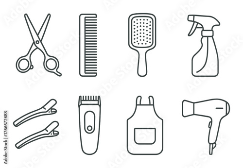 Essential hairdressing tools: scissors, comb, brush, spray bottle, clips, trimmer, apron, hair dryer