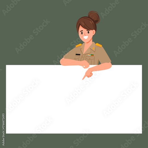 Thai teacher woman teaching pointing to below. Cartoon vector premium.