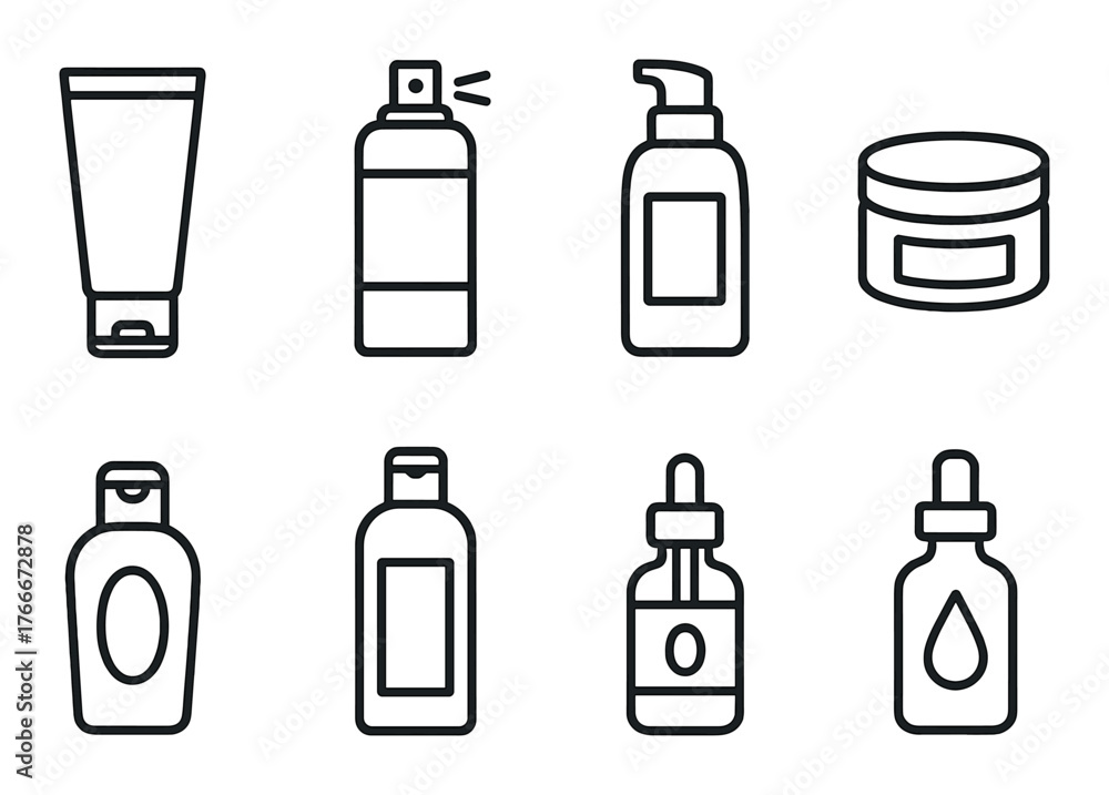 Fototapeta premium Vector icon set of skincare products including bottles and jars