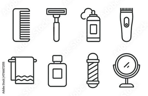 Grooming tools collection: comb, razor, shaving cream, clippers, towel, cologne, barber pole, mirror
