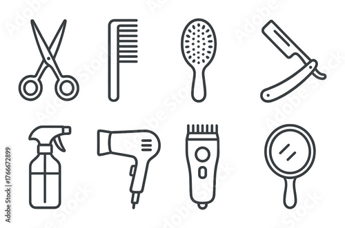 Barber and hairdressing tools: scissors, comb, brush, razor, spray bottle, hairdryer