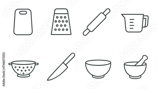 Kitchen utensils icon set: cutting board, grater, rolling pin, measuring cup