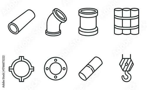 Industrial pipe and equipment icons on black background