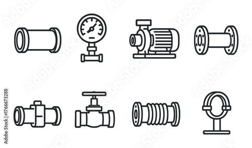 Industrial equipment icons: gauge, pump, valves, pipes, flanges on dark background