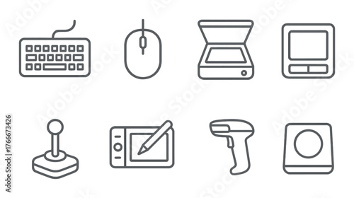 Tech icons: keyboard, mouse, scanner, computer, joystick, tablet, barcode reader