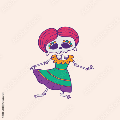 Day of the Dead Skeleton Woman Dancing A Vibrant and Festive Illustration Celebrating Mexican Tradition and Culture