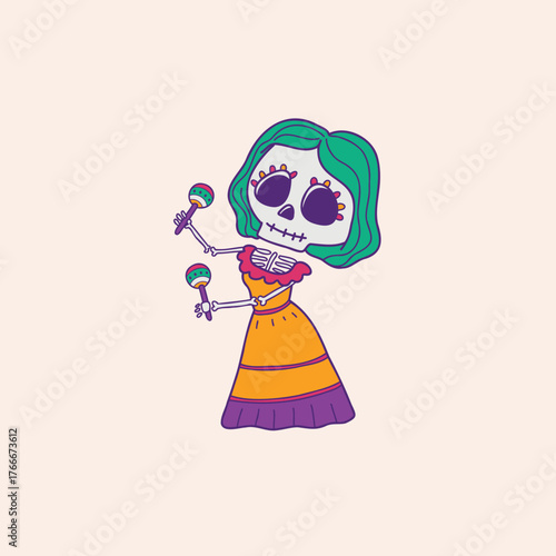 Dia de los Muertos skeleton woman dancing with maracas, traditional Mexican holiday celebration and festive cultural illustration