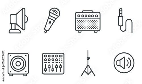 Monochrome audio equipment - microphone, mixer, speaker, amplifier, cable, tripod icons