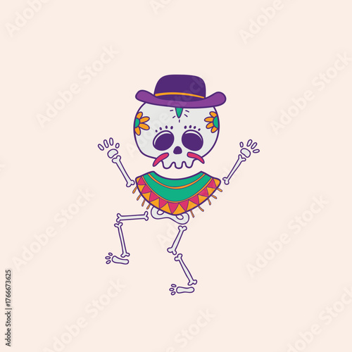 Whimsical illustration of a dancing skeleton character in a purple hat and colorful poncho, celebrating a festive Mexican Day of the Dead holiday