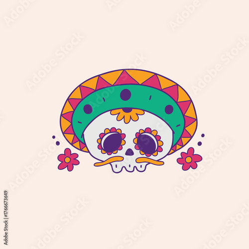 Dia de los Muertos skull with traditional sombrero and floral details, celebrating Mexican heritage and vibrant festive traditions