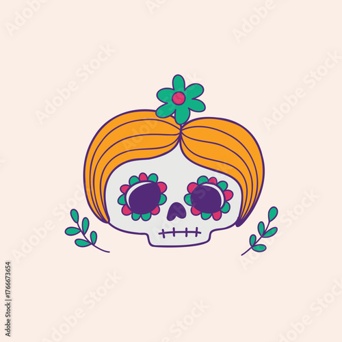 Whimsical Día de los Muertos Sugar Skull Illustration Festive Floral Embellishments, Celebrating Remembrance and Cultural Traditions