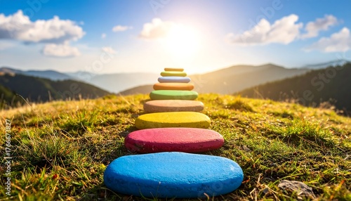 Pathway of colored stones under a bright sun in a scenic mountain landscape for learning and development activities
