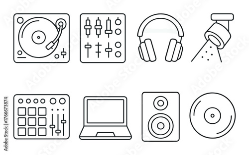 Icons of dj equipment: turntable, mixer, headphones, spotlight, laptop, speaker, disc