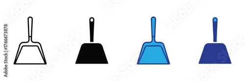 Collection of dustpan icons in different styles outline, silhouette, and colored versions, isolated on a white background