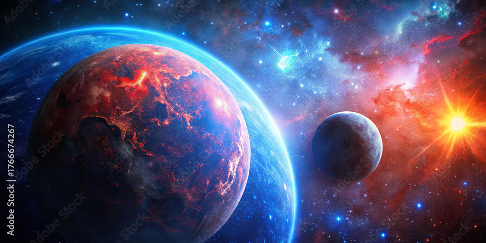 Obraz premium A stunning view of the cosmos features a fiery red planet alongside a blue planet. Bright stars and colorful nebulae fill the backdrop, creating a captivating space scene