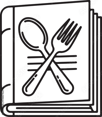  Cookbook Outline Icon – Recipe Book with Spoon and Fork, Culinary Line Art Illustration