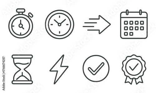Monochrome time management icons: clock, stopwatch, calendar, hourglass, checklist, badge