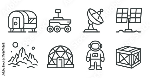Space exploration icons: rover, satellite, solar panels, astronaut, dome, crate, landscape