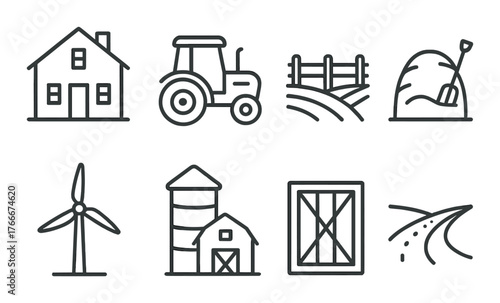 Farm icon set featuring tractor, barn, windmill, and more on metallic background