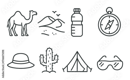 Outline icons of desert expedition gear including camel, cactus, tent, water bottle, hat, compass
