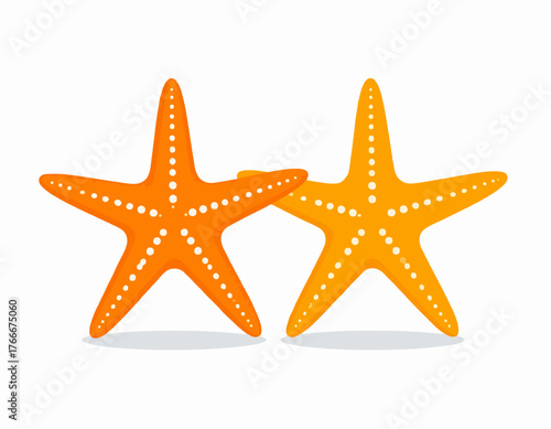 Orange starfish with white polka dots on a white background, a close-up illustration