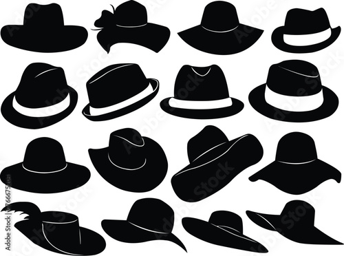 A stylish collection of various black hat silhouettes isolated on a white background. Vector graphic set featuring classic and modern headwear designs