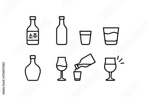 simple outline stroke icon isolated on white background korean soju bottle green bottle shot glass alcohol drink rice spirit liquor glass pouring glass party drink
