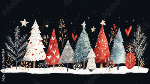 Watercolor Christmas Trees with Hearts Stars and Snowflakes on Dark Background Festive Holiday