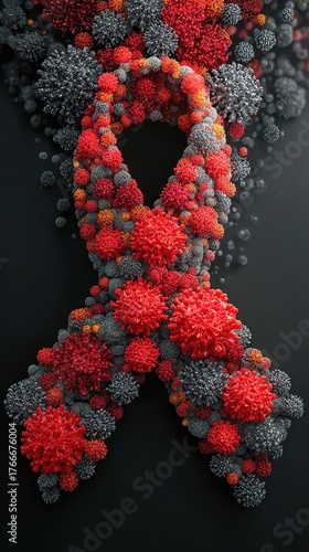 Symbolic illustration of a virus particle featuring a red awareness ribbon, highlighting unity, medical research, and the importance of global health initiatives in combating HIV/AIDS.