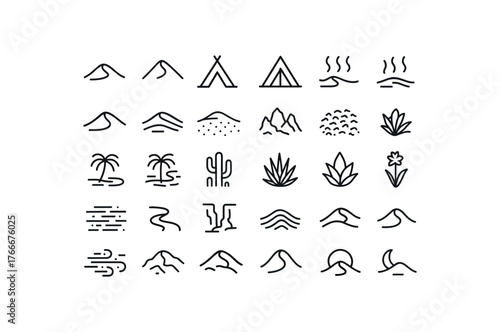 of vector outline icons. outline stroke user interface icons style on clean white background Nature (desert) dune on dune off camp open camp closed heat active heat inactive sand dune sand