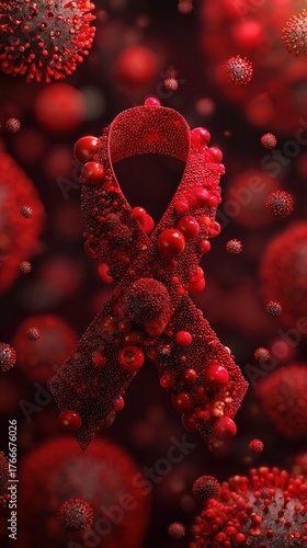 Symbolic illustration of a virus particle featuring a red awareness ribbon, highlighting unity, medical research, and the importance of global health initiatives in combating HIV/AIDS.