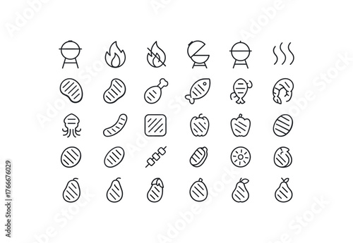 of vector outline icons. outline stroke user interface icons style on clean white background Dishes (grill) fire on fire off lid open lid closed heat active heat inactive grilled steak