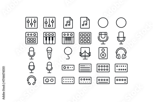 of vector outline icons. outline stroke user interface icons style on clean white background Music (production) mixer on mixer off track open track closed record active record inactive drum