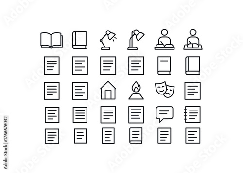 of vector outline icons. outline stroke user interface icons style on clean white background Education (literature) book open book closed lamp on lamp off study active study inactive epic