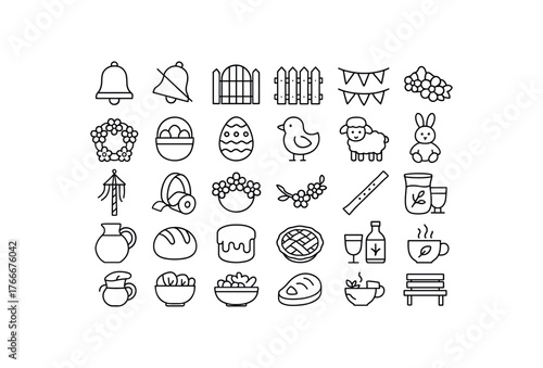 of vector outline icons. outline stroke user interface icons style on clean white background Spring (celebrations) bell on bell off gate open gate closed fest active fest inactive flower