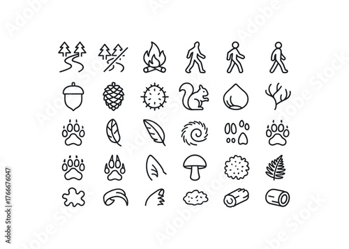 of vector outline icons. outline stroke user interface icons style on clean white background Autumn (woods) path open path closed fire on fire off walk active walk inactive acorn nut pine