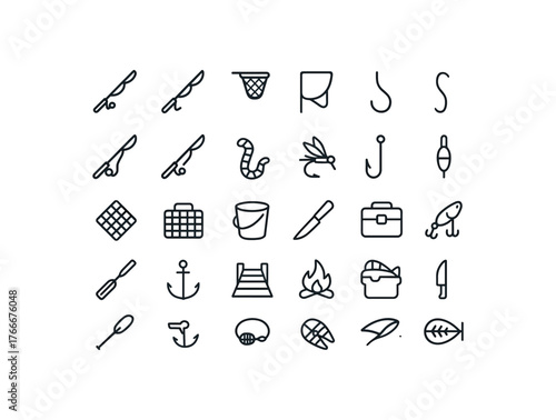 of vector outline icons. outline stroke user interface icons style on clean white background Summer (fishing) on off net open net closed line active line inactive fishing fishing reel bait