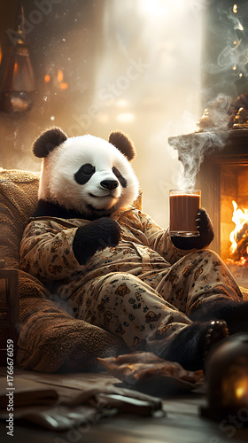 Cozy Panda Enjoying a Warm Beverage by the Fireplace at Home