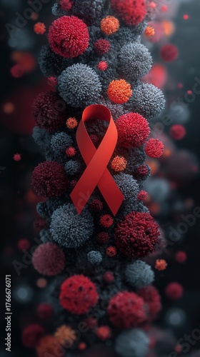 Symbolic illustration of a virus particle featuring a red awareness ribbon, highlighting unity, medical research, and the importance of global health initiatives in combating HIV/AIDS.