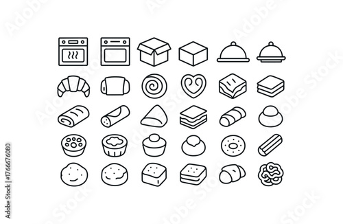 of vector outline icons. outline stroke user interface icons style on clean white background Desserts (pastries) oven on oven off box open box closed serve active serve inactive croissant