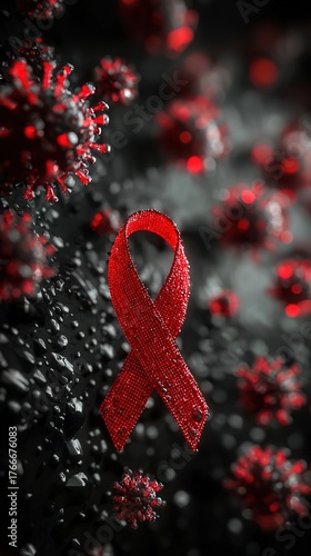 Symbolic illustration of a virus particle featuring a red awareness ribbon, highlighting unity, medical research, and the importance of global health initiatives in combating HIV/AIDS.
