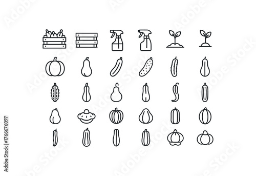 of vector outline icons. outline stroke user interface icons style on clean white background Vegetables (gourds) crate open crate closed sprayer on sprayer off grow active grow inactive