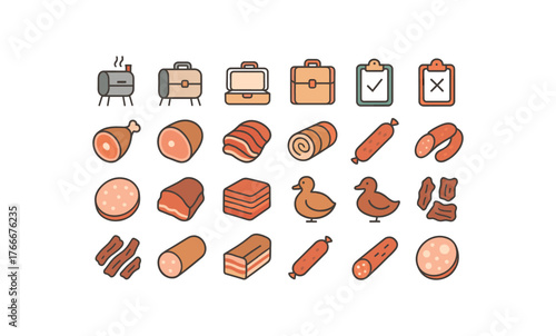 of vector colored flat icons. outline stroke user interface simple colored icons style Meat (cured) smoker on smoker off case open case closed order active order inactive ham whole ham